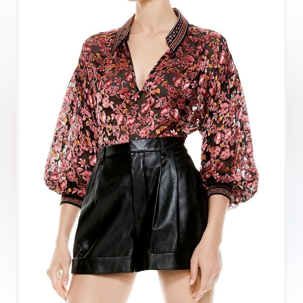 ALICE & OLIVIA Desiree Velvet Effect Blouse Textured Sheer Floral V-Neck